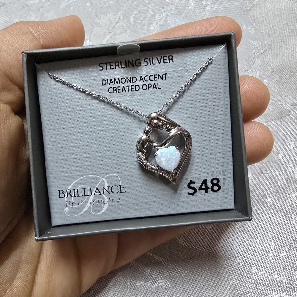 Brilliance Jewelry Created Opal Diamond Heart Mother Child Silver Pendant 18"